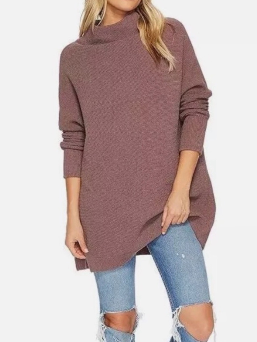 Free People Ottoman Tunic | Oversized Mauve Turtleneck Sweater | XS